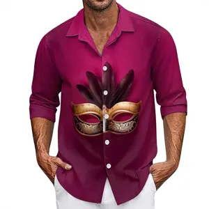 Men's long sleeve button down shirt 3D carnival mask print casual turn down collar top