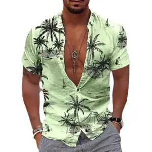 Men's short sleeve casual shirt tropical palm tree print hawaiian summer button down top.
