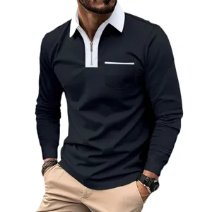 Men's long sleeve polo shirt contrast color half zipper lapel casual slim fit top daily wear