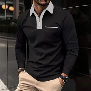 Men's long sleeve polo shirt casual slim fit contrast color lapel zip pullover top.