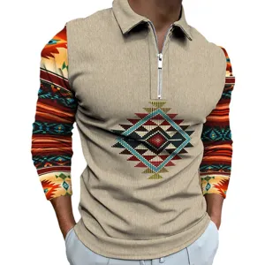 Men's stylish long sleeve zip polo shirt with retro geometric print casual top for spring days