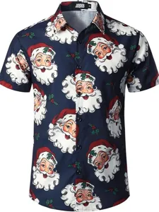 Herren Weihnachten Kurzarm Hemd Freizeit Weihnachtsmann Print Revers Knopfleiste Top
