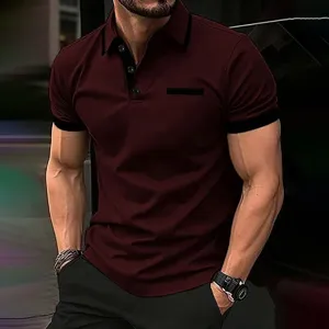 Detailed view of men's short sleeve polo shirt with contrast trim for summer casual wear.