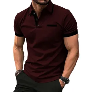 Detailed view of men's short sleeve polo shirt featuring contrast collar and pocket trim.