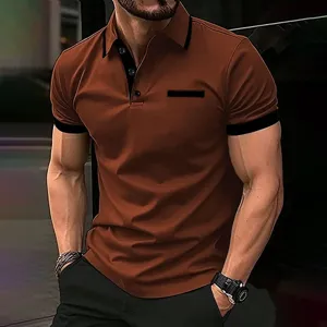Men's short sleeve polo shirt casual brown top with black contrast trim for summer outdoor wear.