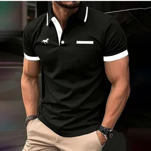 Men's short sleeve black polo shirt with white contrast collar and cuffs casual slim fit top