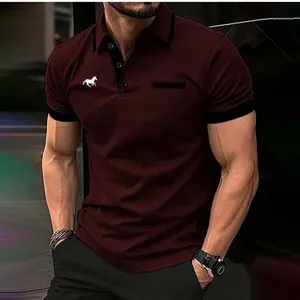 Close-up detail of mens burgundy short sleeve polo shirt with black contrast trim and horse logo.