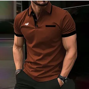 Men's casual short sleeve polo shirt in brown with contrast black collar and stylish horse logo.