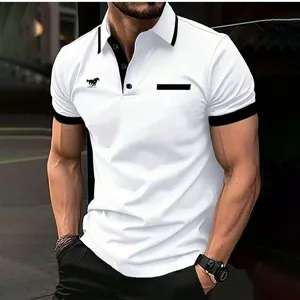 Men's short sleeve polo shirt casual summer top with contrast collar and slim fit design.