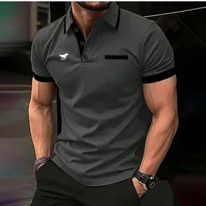 Men's short sleeve casual polo shirt in dark grey with black collar trim detail close up