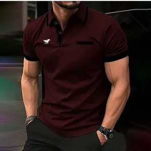 Men's summer casual short sleeve polo shirt with contrast color trim and chest pocket fit.