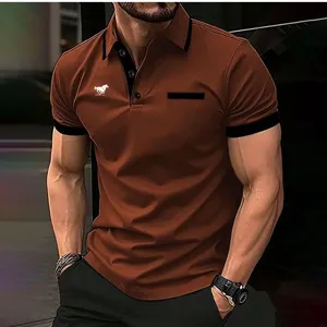 Men short sleeve contrast polo shirt brown casual slim fit summer breathable apparel detail