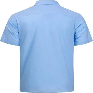 Rückansicht eines hellblauen Herren Kurzarm Freizeithemds mit Kragen und Schulterpartie.