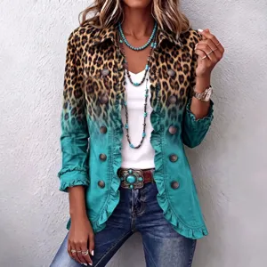 Damen Mode Langarm Rüschen Knöpfe Cardigan Lässig Leopard Blumen Druck Bluse Top Polyester Elasthan Oberbekleidung