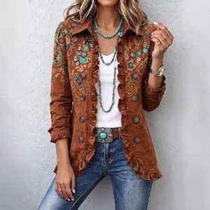 Damen braune bedruckte langarm Rüschen Cardigan Jacke lässig Mode Oberbekleidung stilvoll