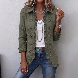 Damen langaermelige olivgruene Strickjacke mit Bluetembroiderie Volants und Knoepfen