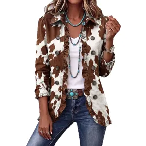 Damen lässige Kuh-Print Langarm Rüschen Cardigan Vintage Knopfleiste Oberbekleidung Top