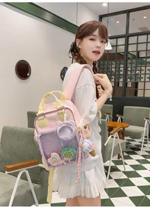 Japanese style cute pink ita bag transparent pocket backpack for teen girls daily school travel.