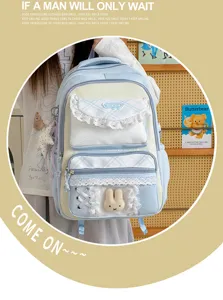 Sac à dos scolaire à carreaux style japonais avec lapin en peluche, joli sac de loisirs avec dentelle.