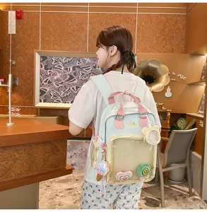 Cute Japanese style transparent window backpack pastel canvas school bag for daily use