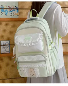 Sac à dos d'école vert clair esthétique avec bordure en dentelle, texture de grille et peluche.