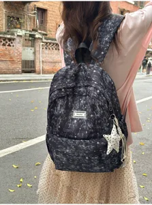 Dark star print backpack sweet style campus school bag with star pendant for teen girls