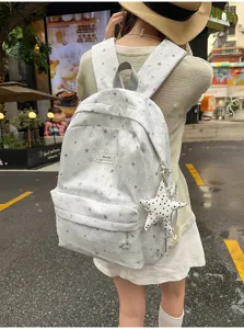 White grey star canvas backpack cute school bag casual daypack for student girls travel
