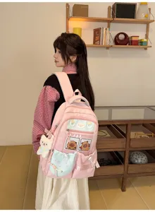 Sac a dos de loisir rose pour tous les jours, style doux cartable avec pendentif d'ours.