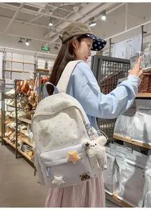 Detail view of the sweet blue star embroidered canvas backpack in a retail shop.