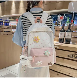 Cute star printed sweet pink and white school backpack for women casual travel daypack