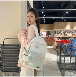 Sweet cute star embroidered canvas backpack with adorable bear pendant for girls travel school.