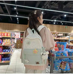 Sweet soft girl blue star embroidered canvas backpack with cute bear pendant for daily use