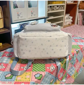 Blue star embroidered backpack detail, cute bear design, sweet style soft girl travel bag.