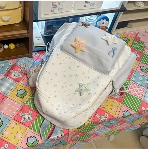 Soft mist blue star embroidered backpack sweet style cute girl casual travel school bag daypack