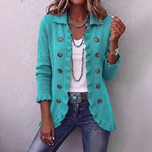 Women Fashion Ruffle Knit Cardigan Solid Color Long Sleeve Button Front Lapel Sweater Top Casual Streetwear Lightweight Outerwear