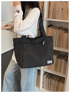 Sac Cabas en Toile à Carreaux Noir Sac Bandoulière Décontracté Grande Capacité Quotidien