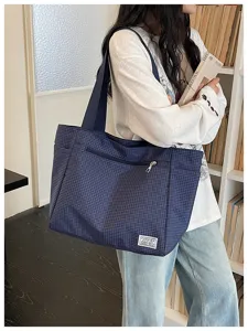 Sac cabas à carreaux bleu élégant sac à bandoulière décontracté grande capacité femme