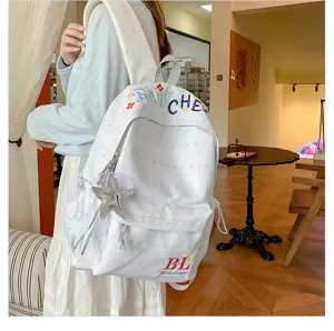Zaino casual in tela bianca con motivo a stelle, borsa scolastica carina per ragazze quotidiane