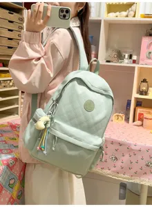 Mint green quilted backpack casual cute Japanese style school bag with pendant for women travel