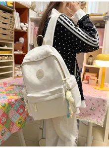 Japanese sweet style white quilted backpack for women casual travel school daypack