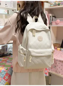 Japanese style white quilted backpack for women, casual school book bag with multiple pockets.