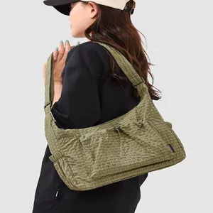 Casual Nylon Oxford Cloth Crossbody Bag Women Fashion Plaid Shoulder Bag Daily Travel Chic Tote Bag With Drawstring Pocket