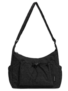Black grid shoulder bag with adjustable strap and front drawstring pocket for daily commuting.