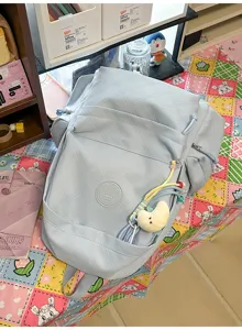 Light blue quilted backpack with cute pendant stylish school bag casual travel daypack for women