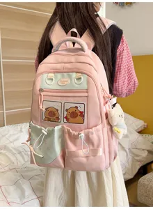 Sac à dos mignon rose motif capybara dessin animé, style japonais pour femme, cartable