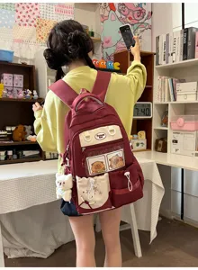 Sac à dos en toile style japonais mignon avec poche transparente et pendentif ours.
