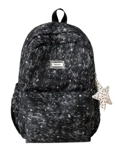 Black starry sky print student backpack casual school bookbag with cute star pendant