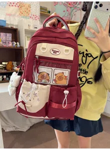 Sac à dos en toile capybara mignon style japonais avec poche transparente et pendentif en peluche.
