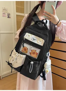 Joli sac à dos kawaii dessin animé avec poche transparente pour fille, cartable mignon.