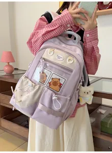 Joli sac à dos lavande style japonais avec une poche transparente et pendentif en peluche.